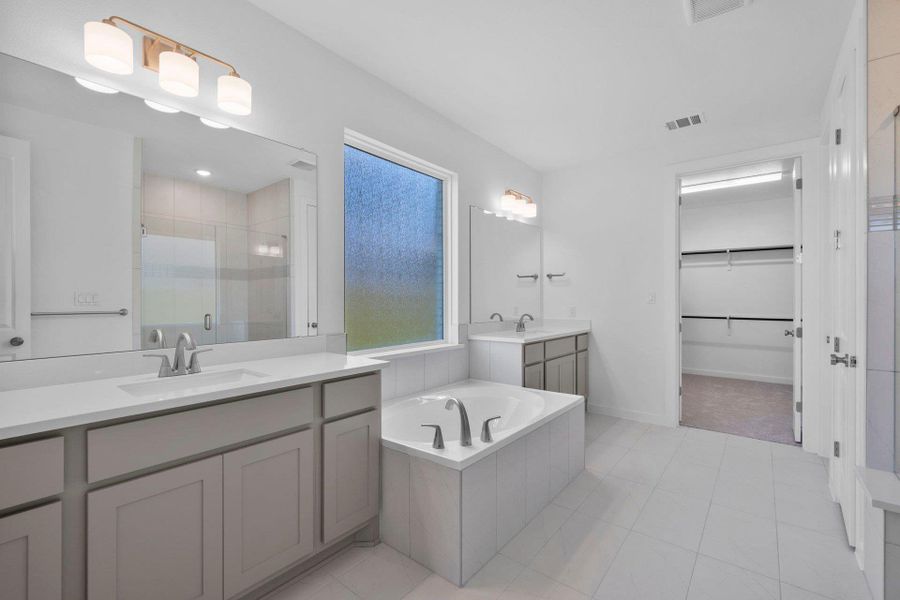 Primary Bath retreat with dual vanities, garden tub & walk-in shower Primary Bath retreat with dual vanities, garden tub & walk-in shower