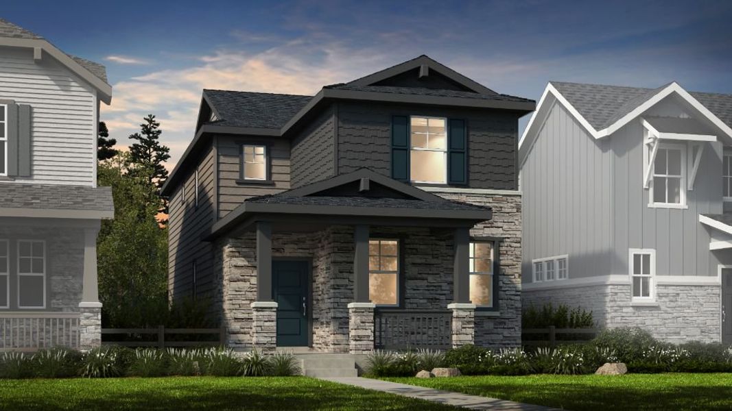 Front exterior of a new home in The Aurora Highlands, Aurora, CO, highlighting curb appeal (Image 14).