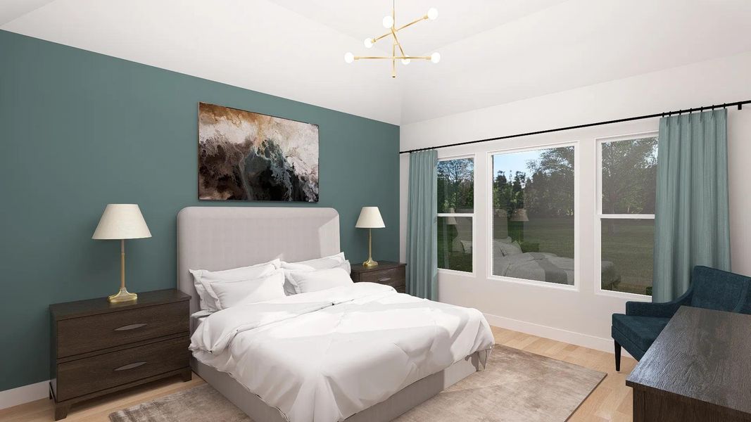A well-lit bedroom with soaring vaulted ceilings and expansive windows offers serene outdoor views. A well-lit bedroom with soaring vaulted ceilings and expansive windows offers serene outdoor views.