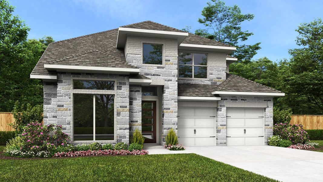 Front exterior of a new home in Revera, Richmond, TX, highlighting curb appeal (Image 1). Front exterior of a new home in Revera, Richmond, TX, highlighting curb appeal (Image 1).