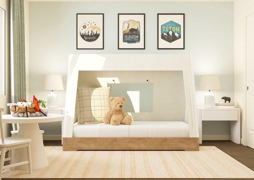 Rendering of a child's bedroom furnished with a child's bed in between two white side tables. Rendering of a child's bedroom furnished with a child's bed in between two white side tables.