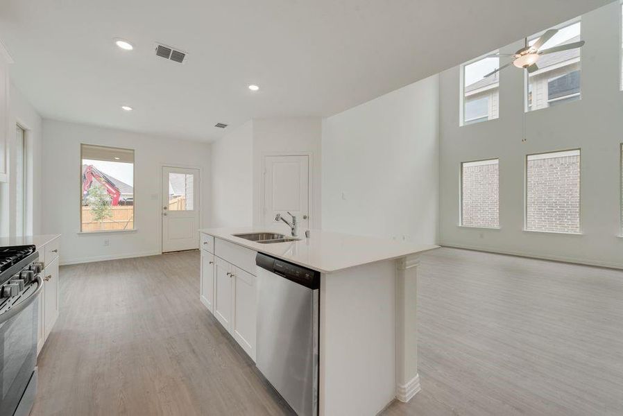 Kitchen with stainless steel dishwasher, light wood-style floors, plenty of natural light, a ceiling fan, and recessed lighting Kitchen with stainless steel dishwasher, light wood-style floors, plenty of natural light, a ceiling fan, and recessed lighting