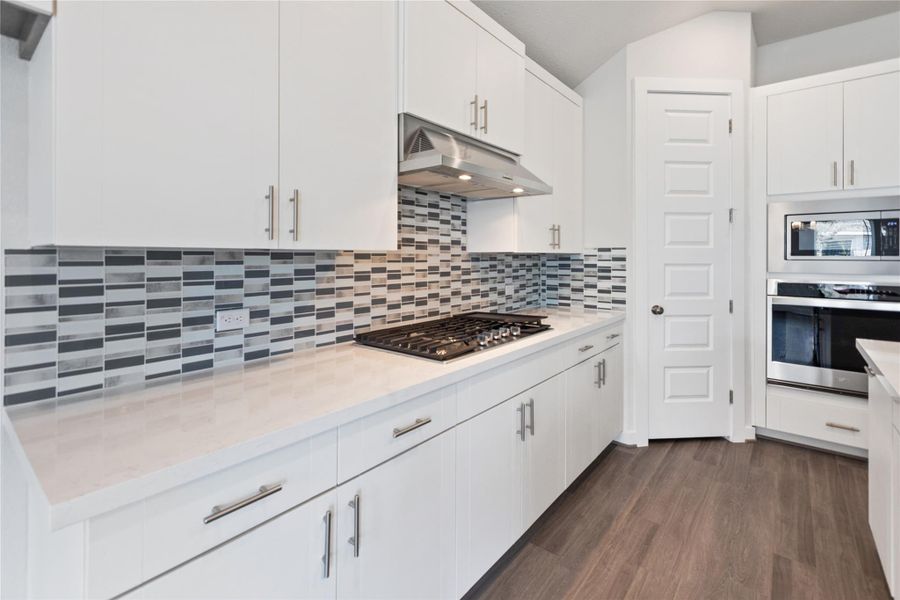 Kitchen with white cabinetry, stainless steel appliances, dark wood-type flooring, backsplash, and under cabinet range hood