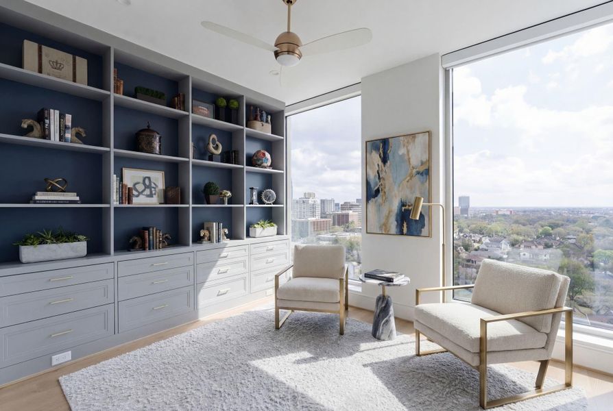 This bright, bedroom-turned-study offers floor-to-ceiling windows with a stunning views over the green lushness of Briarcroft. Built-in shelving with ample storage complete this study. This bright, bedroom-turned-study offers floor-to-ceiling windows with a stunning views over the green lushness of Briarcroft. Built-in shelving with ample storage complete this study.