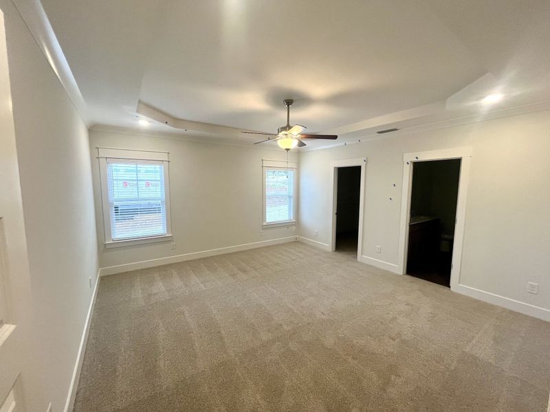 Owner's suite with tray ceiling, fan, LED lights and large walk in closet
