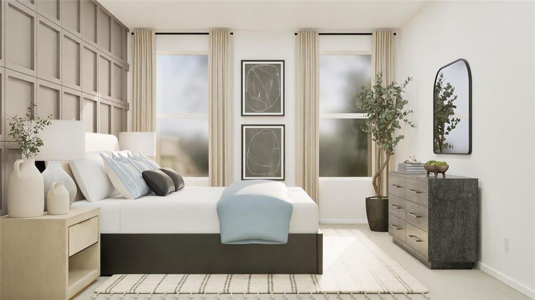 Bedroom with light colored carpet and baseboards Bedroom with light colored carpet and baseboards