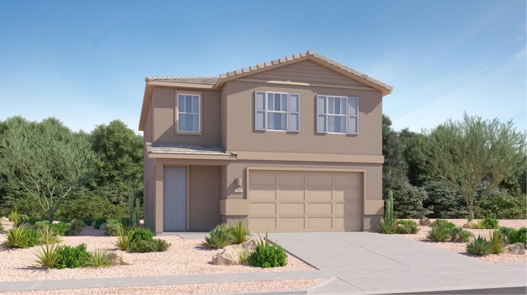Front exterior of a new home in Star Valley: Americana Collection, Tucson, AZ, highlighting curb appeal (Image 1).