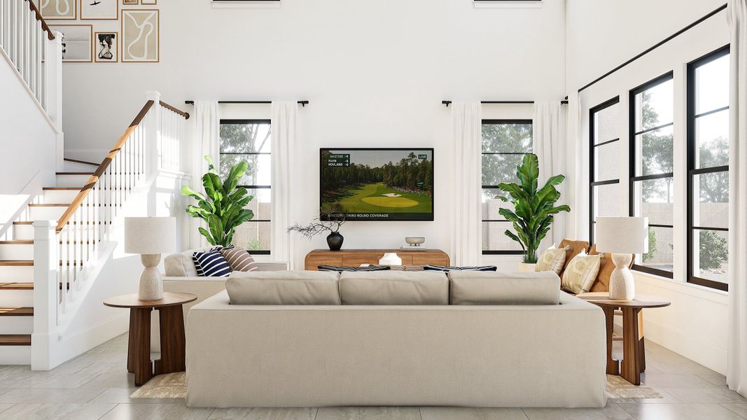 Two-story great room with natural light