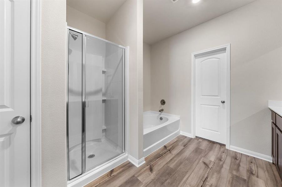 Bathroom featuring hardwood / wood-style floors, vanity, and separate shower and tub