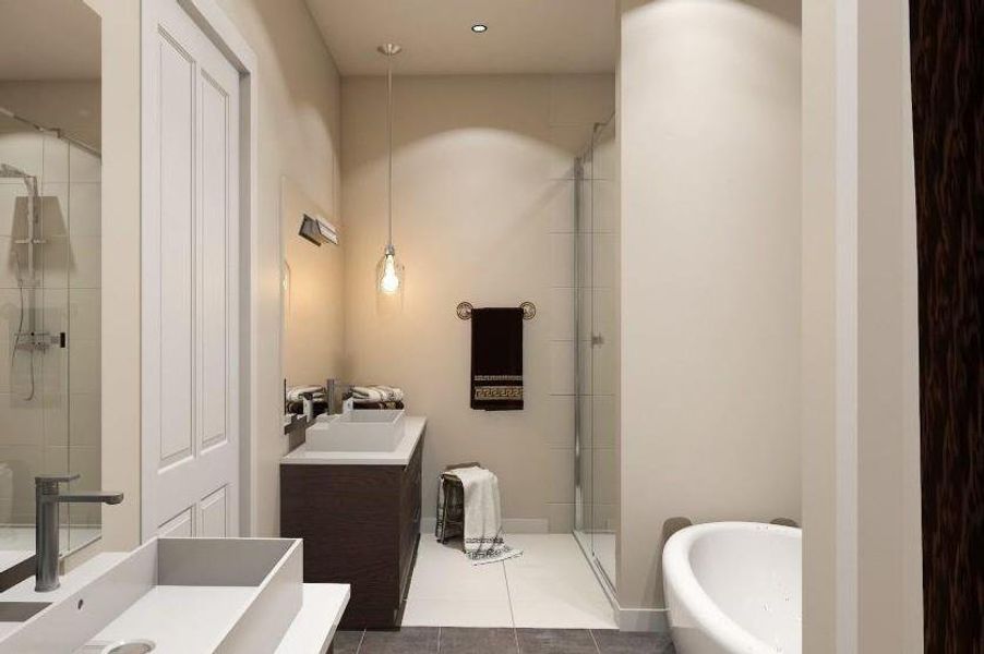 Full bath with vanity, tile patterned floors, and a stall shower Full bath with vanity, tile patterned floors, and a stall shower