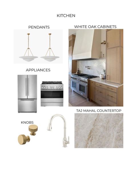 Kitchen designed with custom white oak thin shaker cabinetry and Taj Mahal countertops for a warm, elevated aesthetic. Paired with designer finishes and JennAir appliances.