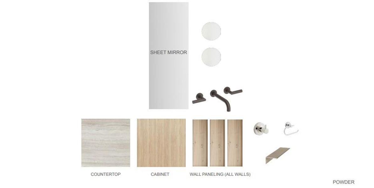 Materials Specification. Displaying proposed finishes and fixtures for the property's powder room
