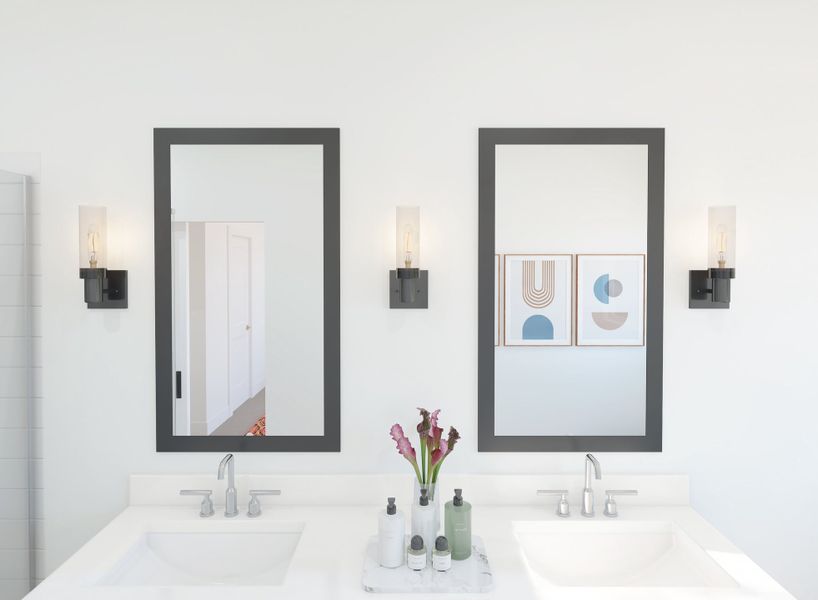 Primary bath with dual sinks, matte black mirrors and chrome fixtures