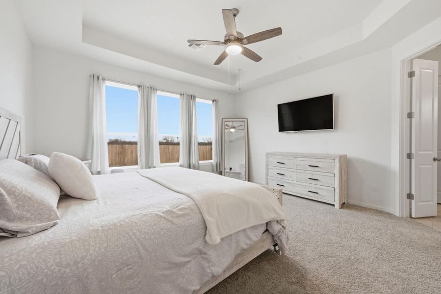 Carpeted bedroom featuring a tray ceiling and ceiling fan