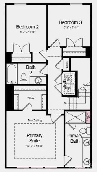 Upper Level Floor Plan - Additional Highlights Include: Ledge at primary shower, storage on 2nd floor, upgraded cabinet hardware, single bowl sink at kitchen, trash rollout, quick tread wood stairs from 1st to 2nd floor with open railing and wood spindles, and Revwood floors at 2nd level