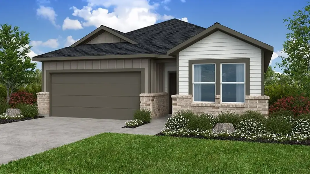 Front exterior of a new home in Redbud, Hockley, TX, highlighting curb appeal (Image 1). Front exterior of a new home in Redbud, Hockley, TX, highlighting curb appeal (Image 1).