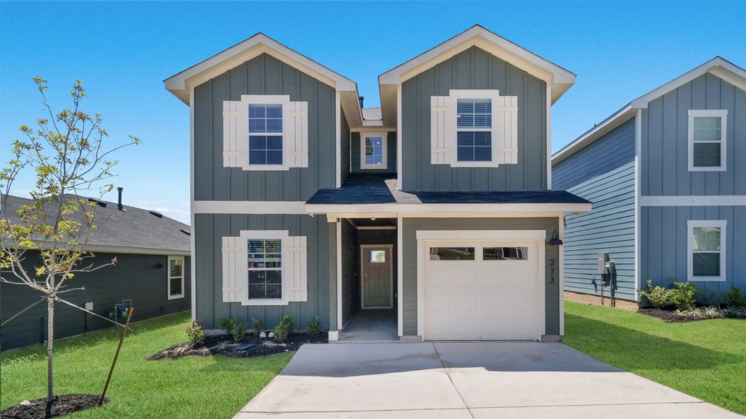 Representative exterior photo of a completed home built from the The Sage by D.R. Horton in Marigold, Kyle, TX (Image 1). Representative exterior photo of a completed home built from the The Sage by D.R. Horton in Marigold, Kyle, TX (Image 1).