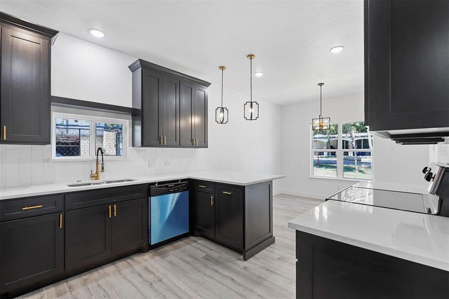 Kitchen with stainless steel dishwasher, sink, backsplash, and a healthy amount of sunlight