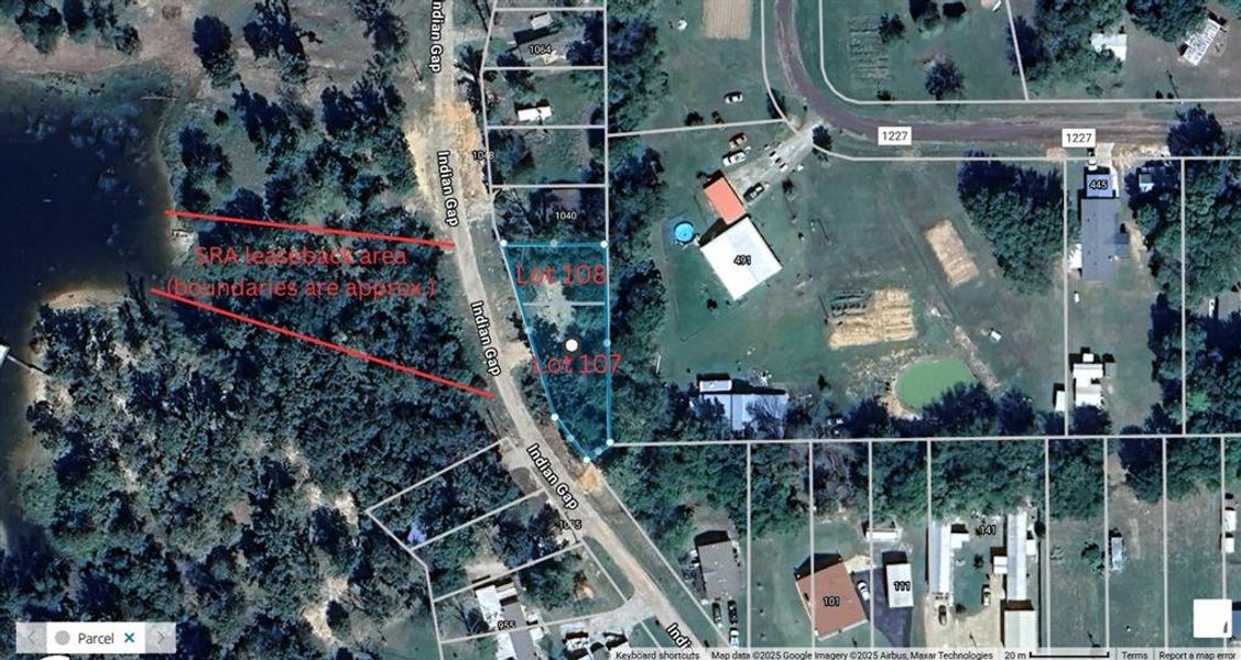 Lots 107 & 108, with approx SRA leaseback boundaries shown.  See SRA map in docs
