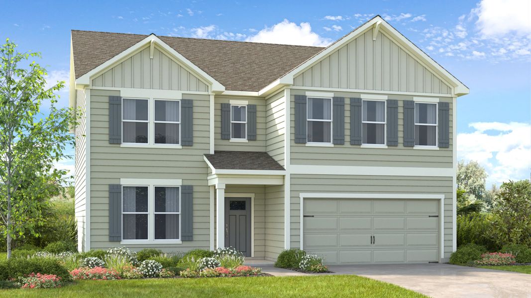 Representative exterior photo of a completed home built from the Sheridan by Taylor Morrison in Falls Creek, Flowery Branch, GA (Image 1).