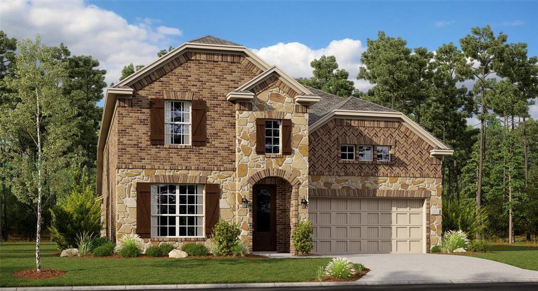 View of front of home featuring a front lawn and a garage