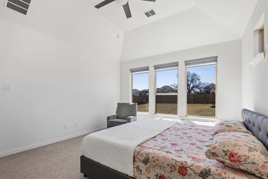 Carpeted bedroom with ceiling fan and vaulted ceiling Carpeted bedroom with ceiling fan and vaulted ceiling