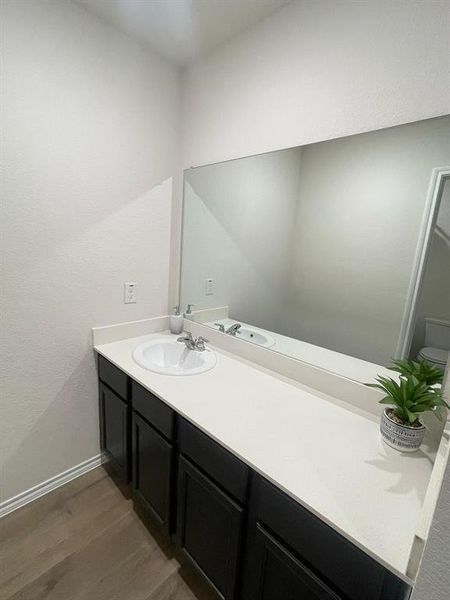 Bathroom featuring wood-type flooring and vanity