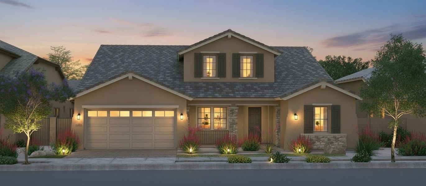 Representative exterior photo of a completed home built from the Spud Point by Fulton Homes in Sonoma Coast, Queen Creek, AZ (Image 5). Representative exterior photo of a completed home built from the Spud Point by Fulton Homes in Sonoma Coast, Queen Creek, AZ (Image 5).