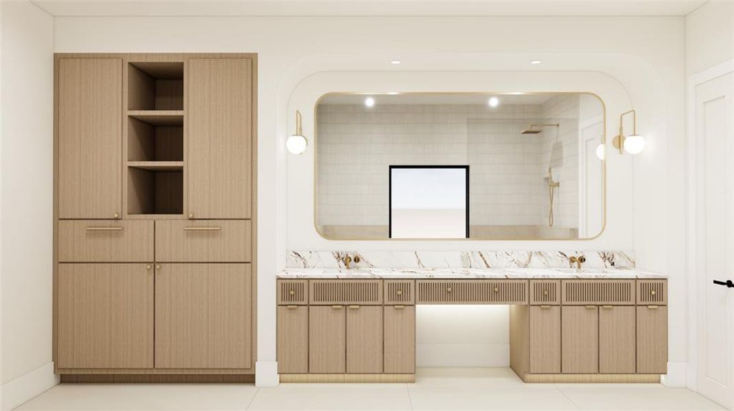 Full bathroom with double vanity and walk in shower