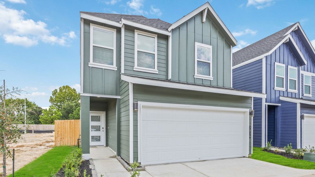 Front exterior of a new home in Alaia Crossing, Houston, TX, highlighting curb appeal (Image 1). Front exterior of a new home in Alaia Crossing, Houston, TX, highlighting curb appeal (Image 1).