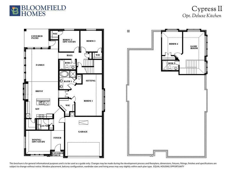 Bloomfield Homes Cypress II floor plan with optional deluxe kitchen, showing four bedrooms and game room across two floors.