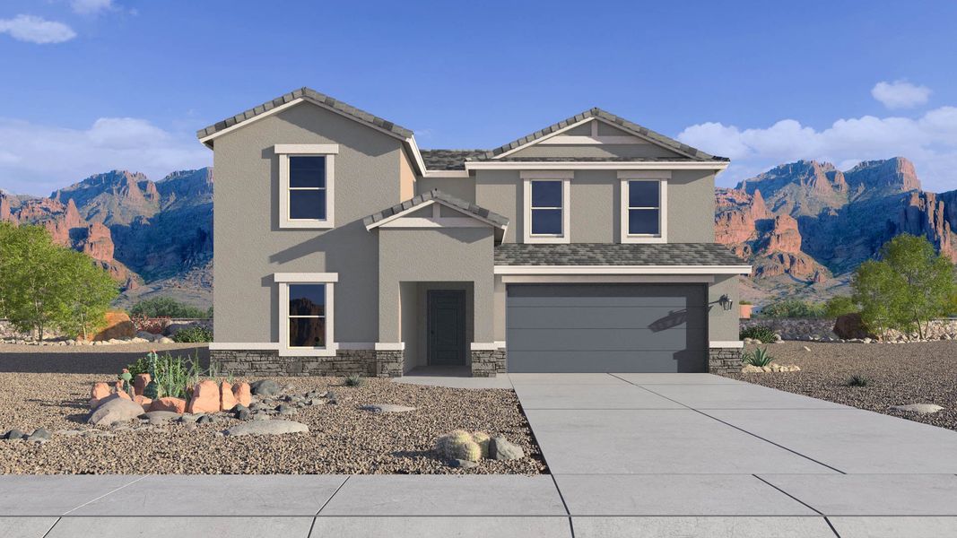 Front exterior of a new home in Remington, Buckeye, AZ, highlighting curb appeal (Image 1). Front exterior of a new home in Remington, Buckeye, AZ, highlighting curb appeal (Image 1).