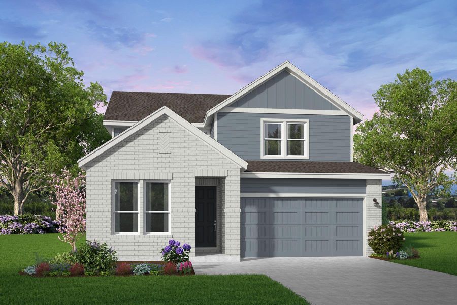 Front exterior of a new home in 45' Traditional Homes at Elyson, Katy, TX, highlighting curb appeal (Image 1). Front exterior of a new home in 45' Traditional Homes at Elyson, Katy, TX, highlighting curb appeal (Image 1).