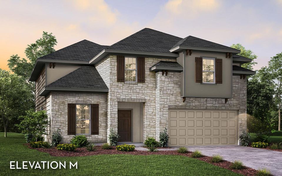 Front exterior of a new home in Lariat, Liberty Hill, TX, highlighting curb appeal (Image 1).