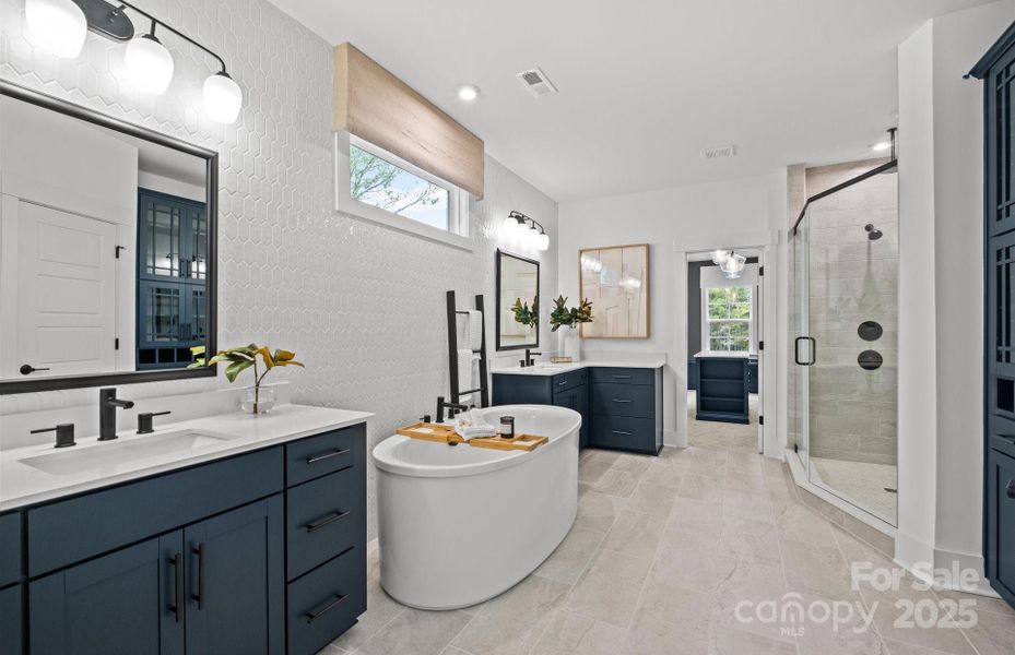 Dream bath with separate vanities, free standing tub, spacious shower and storage galore.  Representative photo
