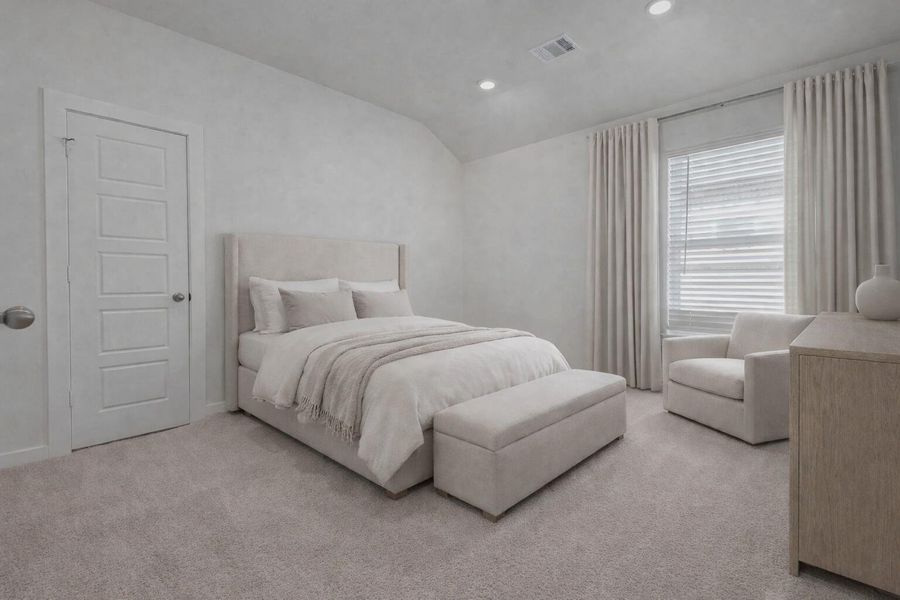 Flexible and spacious, this additional bedroom features a fresh white aesthetic, plush carpeting, and a standard closet with paneled door. Recessed lighting and a large window ensure the room stays bright and inviting perfect as a guest suite, office, or creative space. This photo has been virtually staged for visual reference.