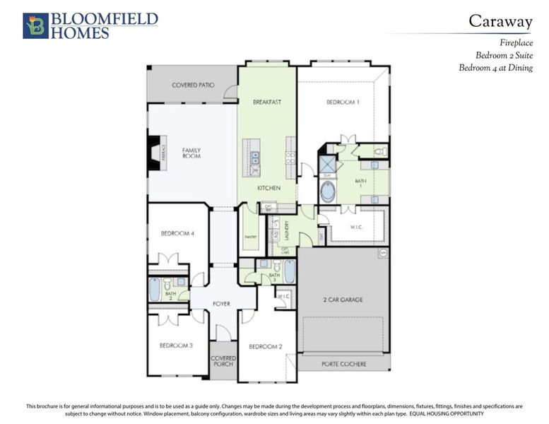 Bloomfield Homes Caraway floor plan with four bedrooms, kitchen, family room, and two-car garage layout.