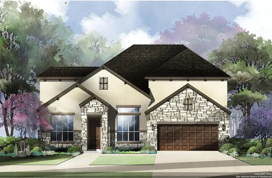 Front exterior of a new home in Legacy at Lake Dunlap, New Braunfels, TX, highlighting curb appeal (Image 2).