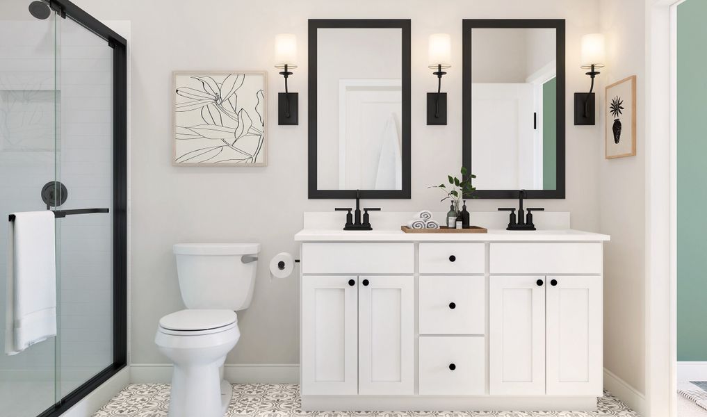 Primary bath with dual sinks and matte black fixtures throughout