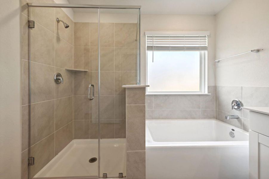 The master bath features a large walk in shower and separate tub, dual vanities as well.