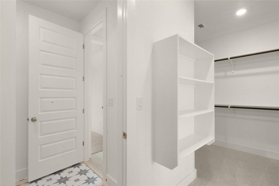 Walk in closet with light floors and light carpet