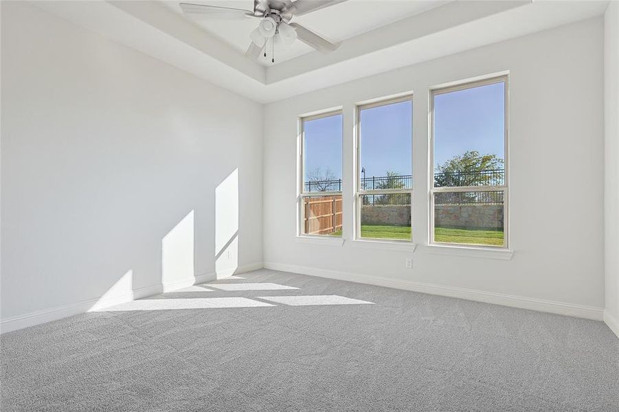 Spare room with a raised ceiling, light colored carpet, and ceiling fan