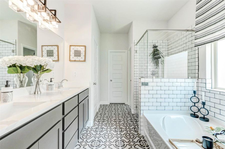 Offering a glass-enclosed walk-in shower, a deep soaking tub. Offering a glass-enclosed walk-in shower, a deep soaking tub.