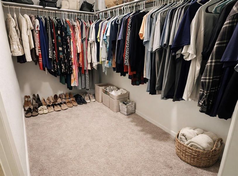 Walk in closet with light carpet