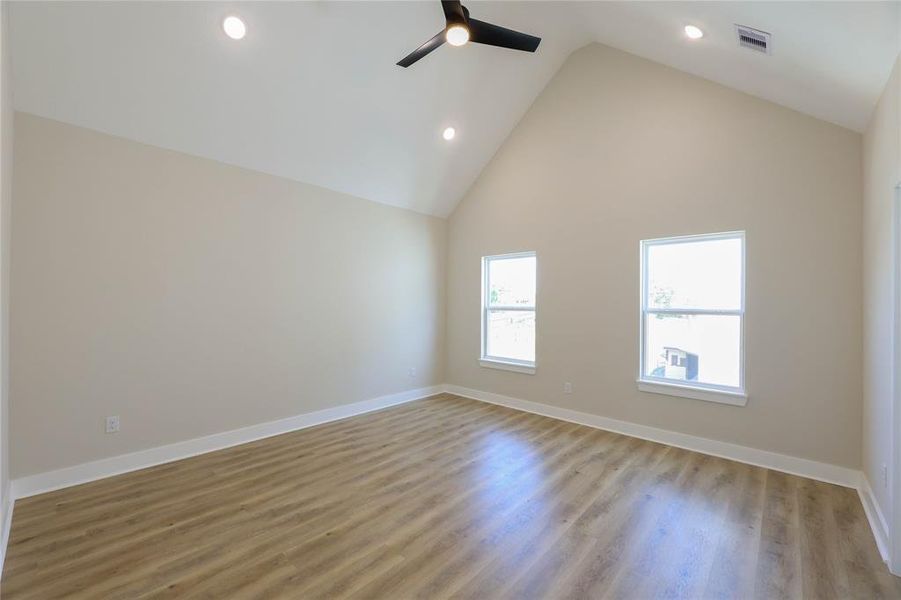 Primary bedroom offers wood floors & high arched ceilings.