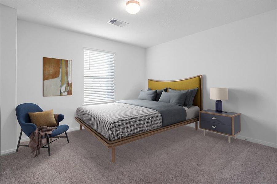 Secondary bedroom features plush carpet, neutral paint, lighting, large window with privacy blinds and ample sized closet space.