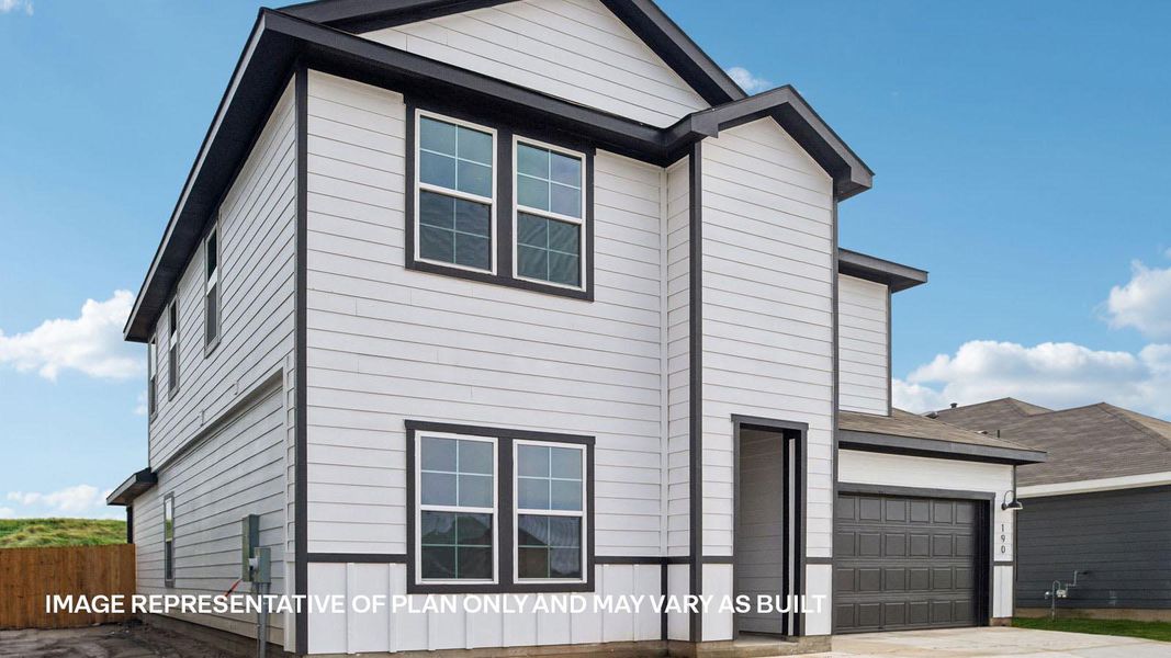 Front exterior of a new home in Prairie Lakes, Buda, TX, highlighting curb appeal (Image 18).