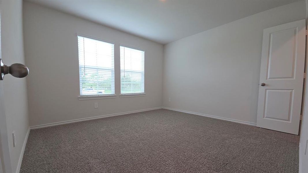 Carpeted room featuring two windows with blinds, a paneled door, and neutral wall paint