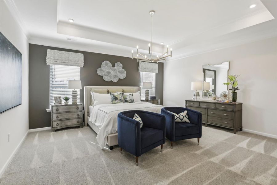 The Avondale- Primary Bedroom Suite (tray ceiling not included). Sample floor plan photo used for illustrative purposes only. Upgrades, selections options, windows and colors may vary.