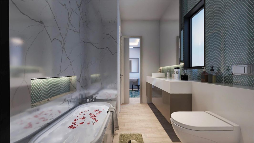 This bathroom features a modern design with a sleek bathtub surrounded by marble accents, a spacious vanity, and large mirror. The natural light from the window enhances the stylish herringbone-patterned wall. Virtually staged. This bathroom features a modern design with a sleek bathtub surrounded by marble accents, a spacious vanity, and large mirror. The natural light from the window enhances the stylish herringbone-patterned wall. Virtually staged.